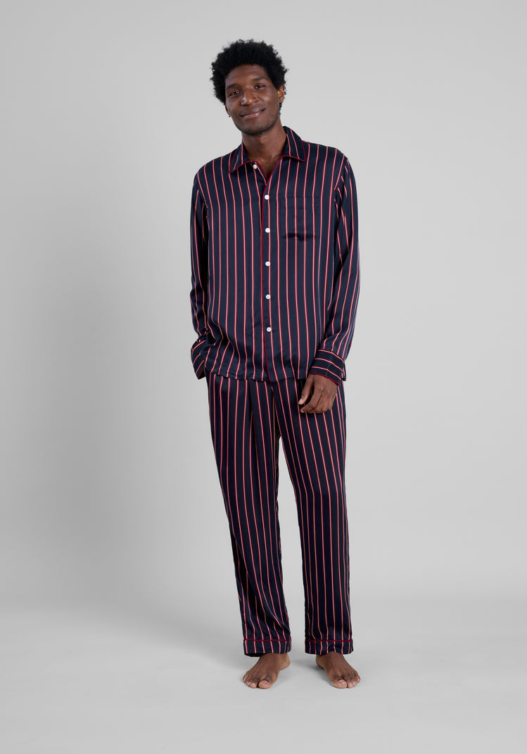 Washable Silk Henry Pajama Set in Midnight Stripe